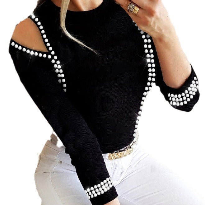 Fashionable Womens Clothing Stylish Versatile Hollow-Out Top With Rhinestones