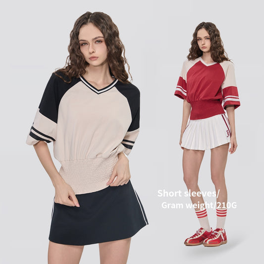 Retro Contrasting Color Patchwork Short-Sleeve Womens Clothing