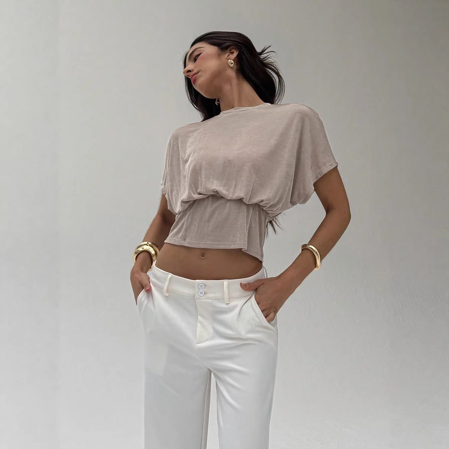 Loose Fitting Waist Cinched Batwing Sleeve Flattering Womens Clothing