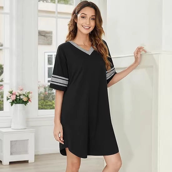 V-neck Patchwork Pajamas Casual Loose House Dress Womens Clothing