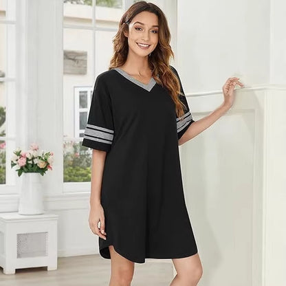 V-neck Patchwork Pajamas Casual Loose House Dress Womens Clothing