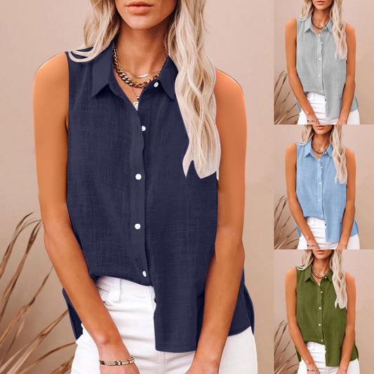 Cotton And Linen Buttoned Sleeveless Shirt Womens Clothing