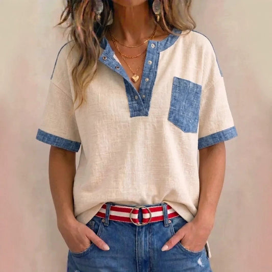 Women's Casual Loose-Fitting Patchwork Short-Sleeve Top