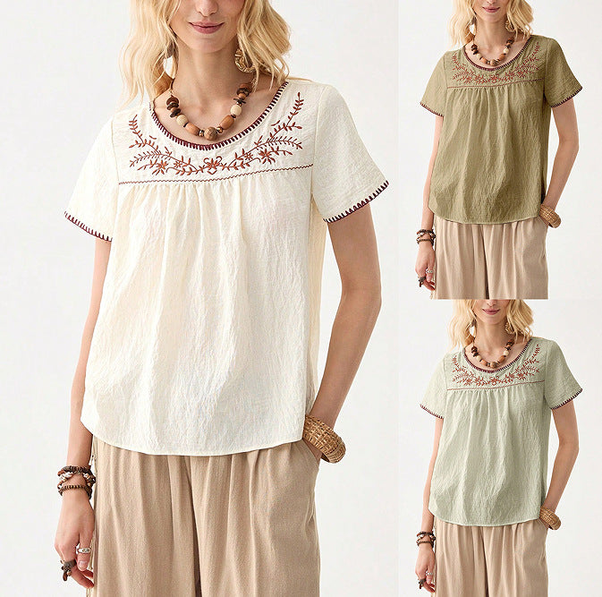 Summer Womens Clothing Crew-neck Embroidered Short Sleeves