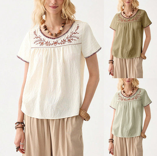 Summer Womens Clothing Crew-neck Embroidered Short Sleeves