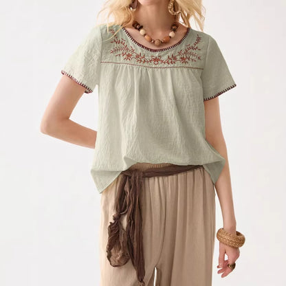 Summer Womens Clothing Crew-neck Embroidered Short Sleeves