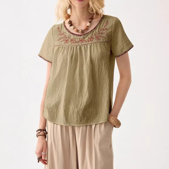 Summer Womens Clothing Crew-neck Embroidered Short Sleeves