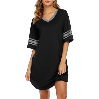 V-neck Patchwork Pajamas Casual Loose House Dress Womens Clothing