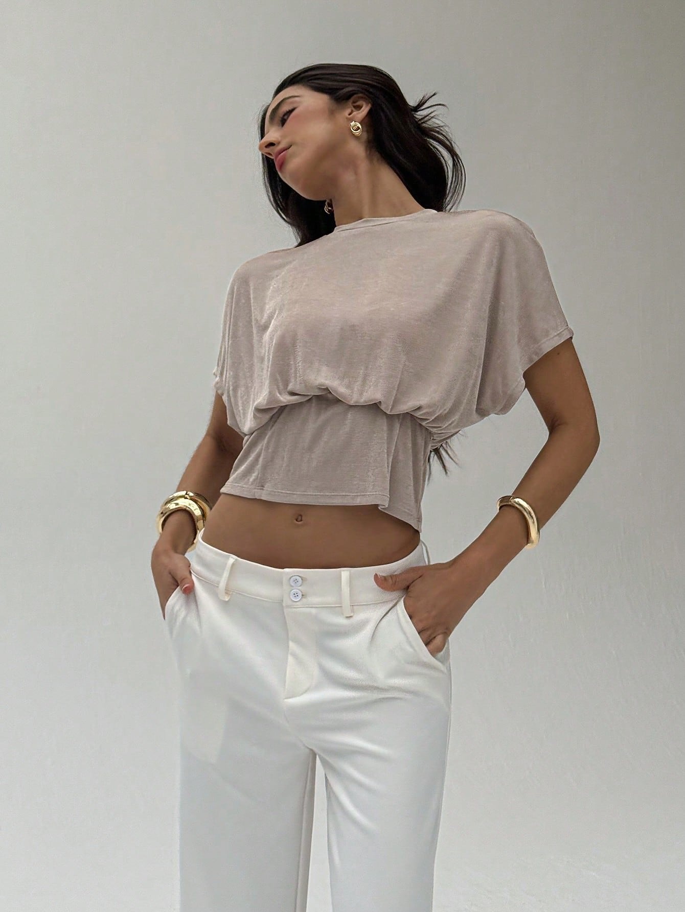 Loose Fitting Waist Cinched Batwing Sleeve Flattering Womens Clothing