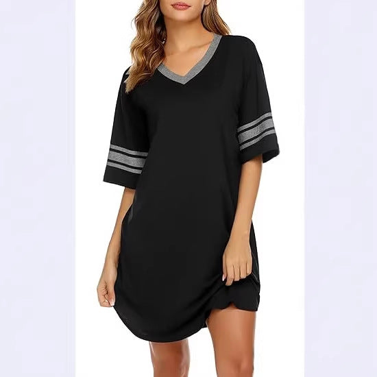 V-neck Patchwork Pajamas Casual Loose House Dress Womens Clothing