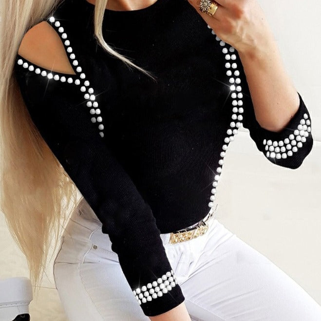 Fashionable Womens Clothing Stylish Versatile Hollow-Out Top With Rhinestones