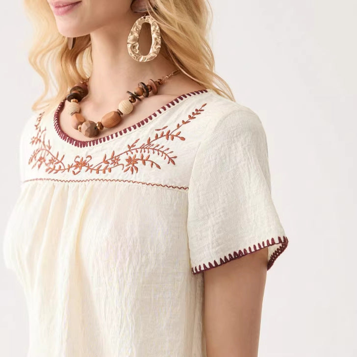 Summer Womens Clothing Crew-neck Embroidered Short Sleeves