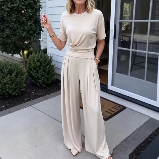 Womens Loose Crew-Neck T-Shirt And Wide-Leg Pants Two-Piece Set