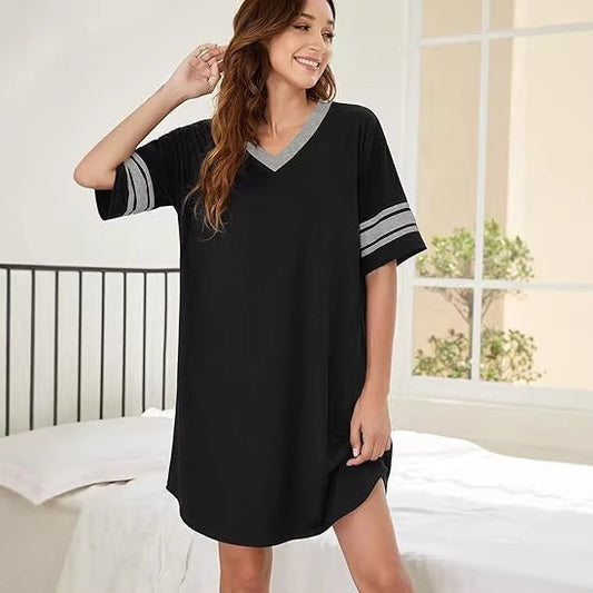 V-neck Patchwork Pajamas Casual Loose House Dress Womens Clothing