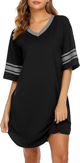 V-neck Patchwork Pajamas Casual Loose House Dress Womens Clothing