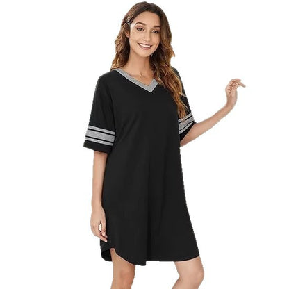V-neck Patchwork Pajamas Casual Loose House Dress Womens Clothing