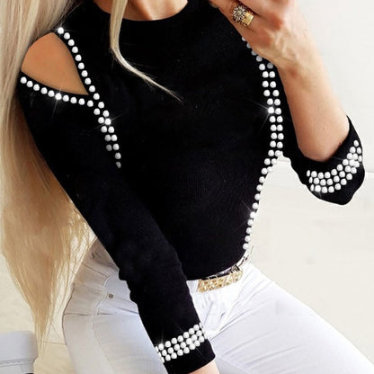 Fashionable Womens Clothing Stylish Versatile Hollow-Out Top With Rhinestones